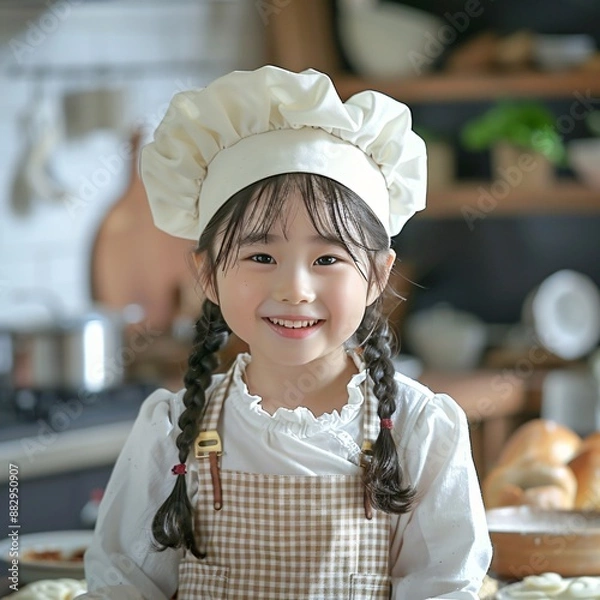 Obraz little child in uniform of chef dress and wearing white chefs and smile face 