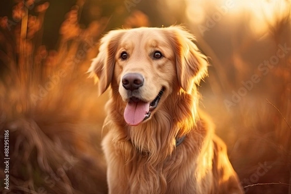 Fototapeta Alert golden retriever sunlit fur A friendly and loyal golden retriever