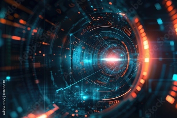 Fototapeta Futuristic digital tunnel with lights A futuristic abstract background with technological elements