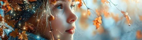 Obraz A young girl looks up with wistful eyes, surrounded by the beauty of autumn leaves.