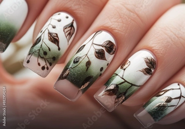 Obraz Nail art of white and green gradient color with brown .design of leaf on nail.