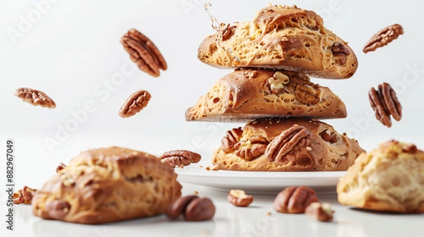 Fototapeta Freshly Baked Maple Pecan Scones Ideal for Autumn Food Concept Advertisement, White Background