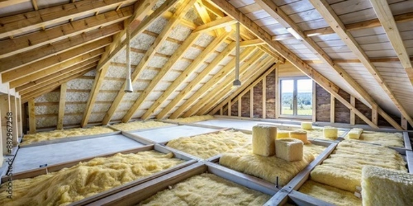 Fototapeta Attic insulation optimization Energy-efficient roof construction using mineral wool and foam plastic