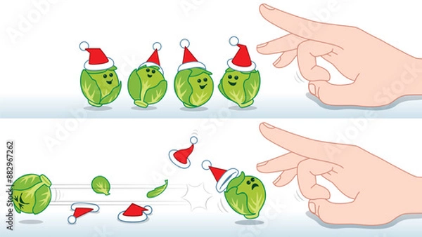 Obraz Before and After Action of a Group of happy Green Brussel Sprouts wearing Santa Hats being Flicked by a Finger