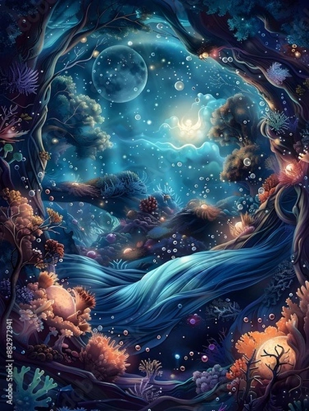Fototapeta Ethereal Celestial Dreamscape with Bioluminescent Underwater Creatures and Coral Formations