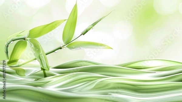 Fototapeta Spa banner with green bamboo leaf on white water wave ideal for travel or cosmetics