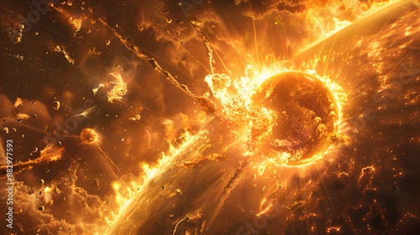 Obraz  A dystopian solar planet experiencing the effects of a massive coronal mass ejection, with fiery explosions and atmospheric disturbances 