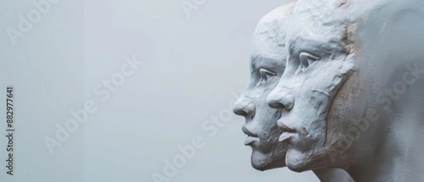 Obraz Close-Up of White Sculpted Faces Against a Light Blue Background