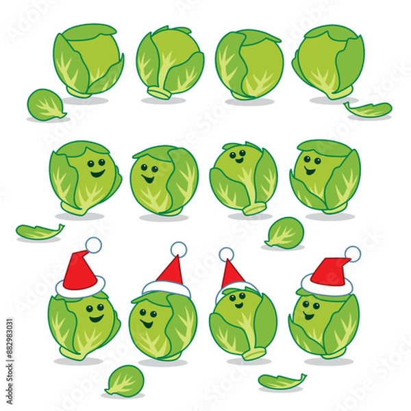 Obraz Group of Christmas Brussel Sprouts some with Happy Faces wearing Santa Hats on white background
