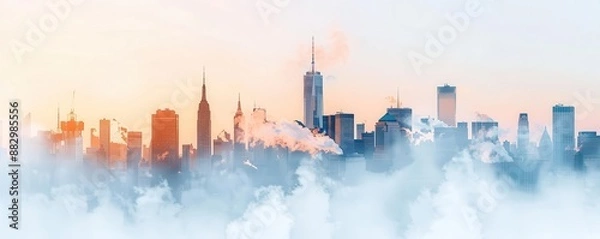Fototapeta Watercolor painting of a city skyline peeking through a lush green forest with fog.