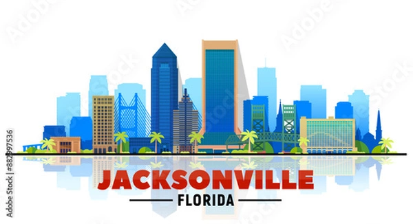 Fototapeta Jacksonville Florida skyline with panorama in white background. Vector Illustration. Business travel and tourism concept with modern buildings. Image for presentation, banner, web site.