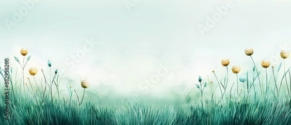 Fototapeta Minimalist meadow scene with yellow flowers and soft green grass under a calm sky. Ideal for backgrounds and nature-themed designs.
