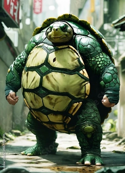 Fototapeta A superhero named Shell Shock. He is a slightly overweight Japanese man. He wears a dark green turtle-inspired outfit with a massive turtle shell on his back.