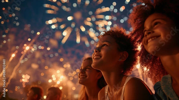 Fototapeta Group of people watching fireworks in the sky