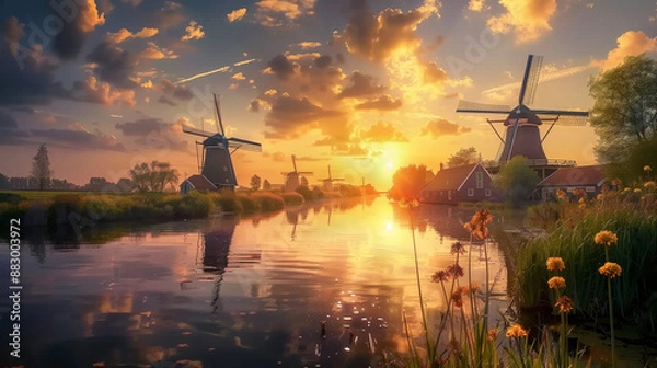 Fototapeta View of traditional windmills and canals in Kinderdijk Village in the Netherlands, South Holland. Famous tourist attraction in Holland. Beautiful Dutch landscape with dramatic sky. fotorealistic