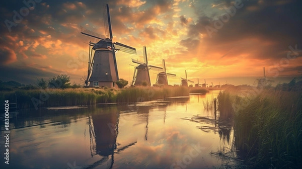 Fototapeta View of traditional windmills and canals in Kinderdijk Village in the Netherlands, South Holland. Famous tourist attraction in Holland. Beautiful Dutch landscape with dramatic sky. fotorealistic