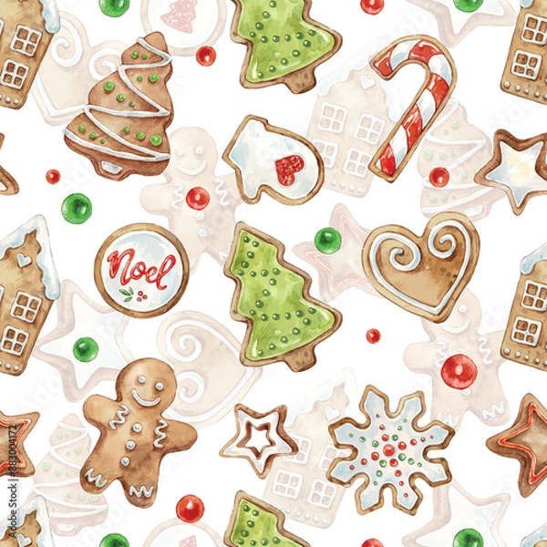 Fototapeta Seamless pattern of cute Watercolor Gingerbread. Christmas gingerbread cookies. Christmas decorations. Vector watercolor illustration of Christmas tree, snowflake, house, stars, heart, man, candy.