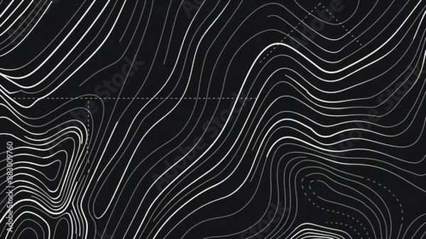 Fototapeta Topographic map background, vector illustration with white lines on black background. Abstract design for travel or outdoor activities concept. Flat lay. Minimal style. Vector Illustration.