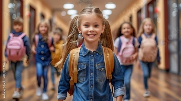 Fototapeta A group of happy school children with backpacks walking down a school hallway. The focus is on a smiling girl in the foreground wearing a denim shirt.
