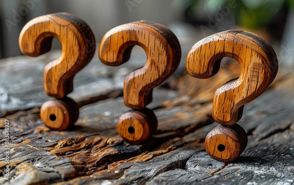 Fototapeta Three wooden question marks are arranged on a wooden surface