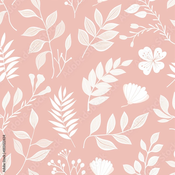 Obraz a minimalistic pattern with pastel colors, featuring white floral and leaf designs on a soft pink background,