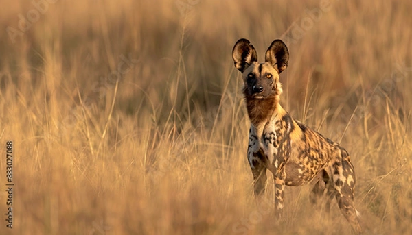 Obraz Wild Dog in African savannas, Nature Wallpaper Background with Copy Space