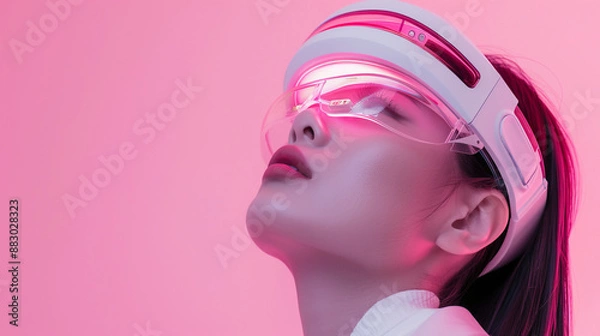 Obraz A woman in a pink mask and glasses, on a pink background, in cyberpunk style, her young face and bold image create an atmosphere of futuristic fashion and brightness.