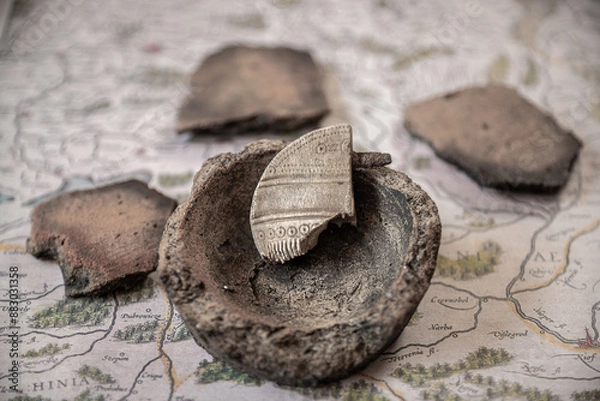 Fototapeta Part of a bone comb (comb) from the 1st-3rd century AD with patterns. Velbar culture