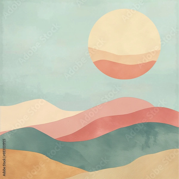Obraz a serene landscape with gentle pastel-colored hills and a large sun in the sky