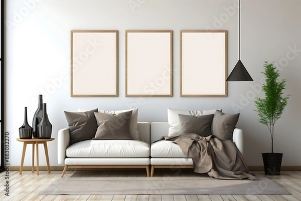 Fototapeta Mock up poster frame in interior background, 3D Illustration