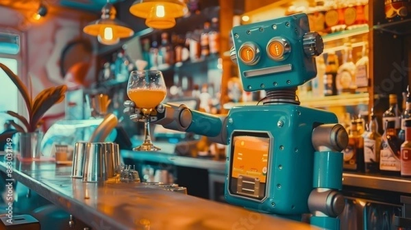Fototapeta Retro Robot Bartender Serving Drinks in Futuristic 1960s Space Themed Bar