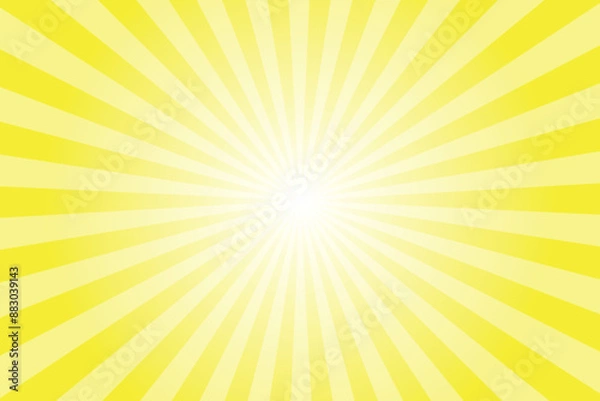 Fototapeta Yellow background with white sun ray. Pattern of starburst. Abstract bee yellow texture with light of sunburst. Radial beam of sunlight. Retro background with flash. Design of sunbeams.
