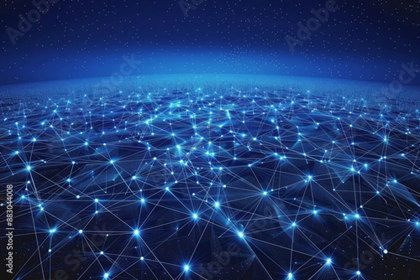 Fototapeta Global network connections. Abstract neural networks cyberspace. Futuristic grid. top view.
