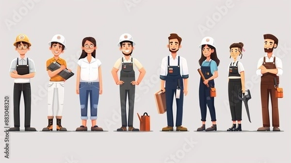 Fototapeta A happy group of animated workers in different uniforms striking action poses, smiling and showing various tools and equipment, portrayed in a light-hearted style against a grey background.