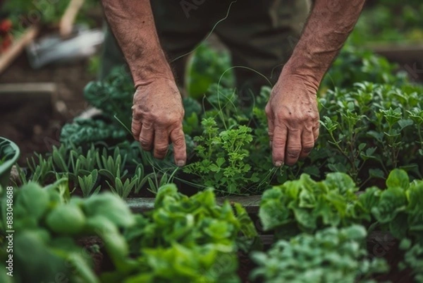 Fototapeta A closeup of a farmer's hands tending to a variety of crops growing in a small plot
