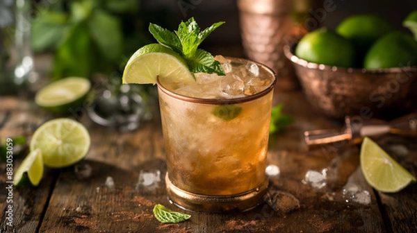 Obraz Close-up to a glass of Vanilla Whiskey Mule cocktail with ice