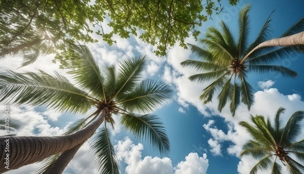 Fototapeta low-angle perspective showing the sky with clouds, a coconut palm