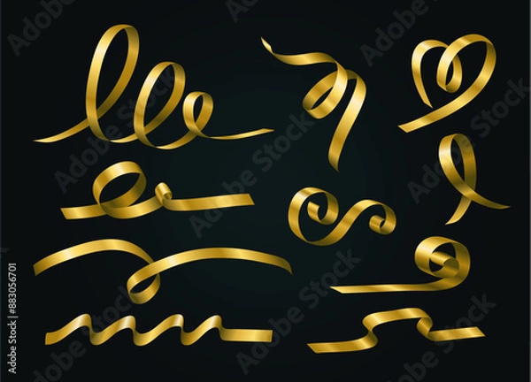 Fototapeta Set of gold ribbons stripe flow swirl design for celebration on Christmas, Birthday, Anniversary and holidays. Realistic 3d vector and illustration use for decoration.