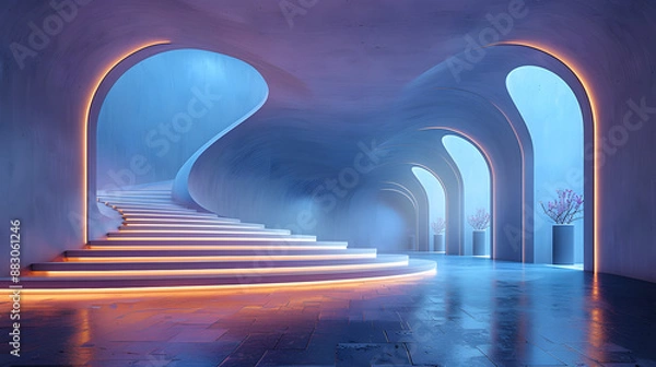 Fototapeta Futuristic interior with arched design, illuminated stairway, and soft blue lighting creating a surreal, modern atmosphere.