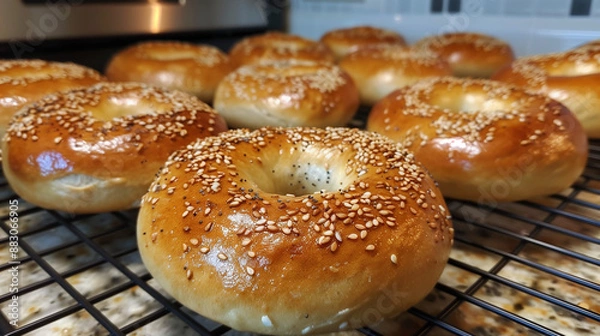 Fototapeta A batch of freshly baked sourdough bagels, golden brown, ready to be served with your favorite creamy cheese.