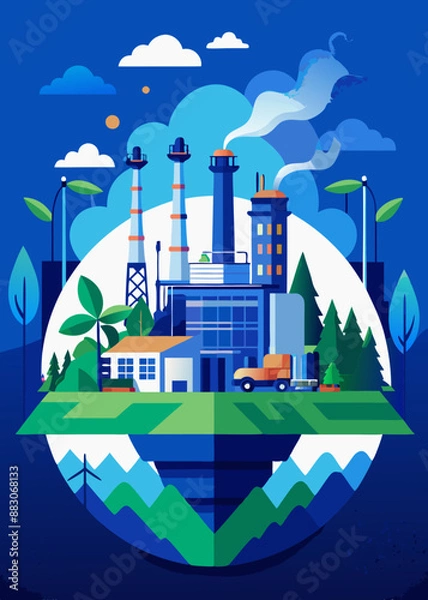 Fototapeta Green industry eco power for sustainable energy environmental friendly low carbon footprint. Green factory industry for good environment ozone air low carbon