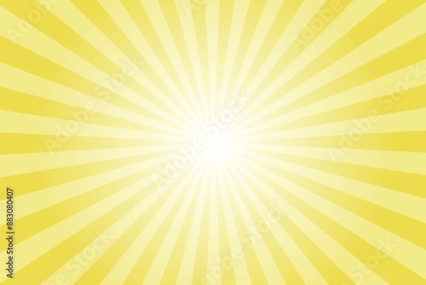 Fototapeta Yellow background with white sun ray. Pattern of starburst. Abstract matte yellow texture with light of sunburst. Radial beam of sunlight. Retro background with flash. Design of sunbeams.