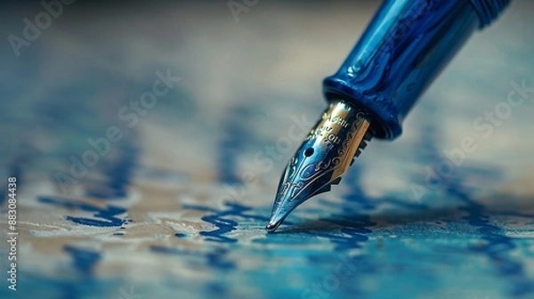 Obraz This image captures a close-up view of a fountain pen's nib as it draws intricate lines on paper, highlighting the elegance and precision of fine writing instruments.