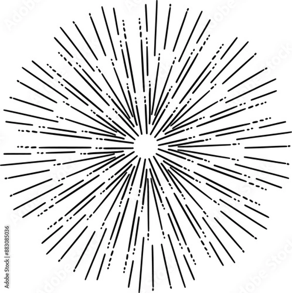 Fototapeta Hand drawn Sun, sunburst, starburst, light rays in line art. Bohemian symbol bursting sun rays. Magic talisman, antique style, boho, tattoo, logo. Vector illustration isolated on white background