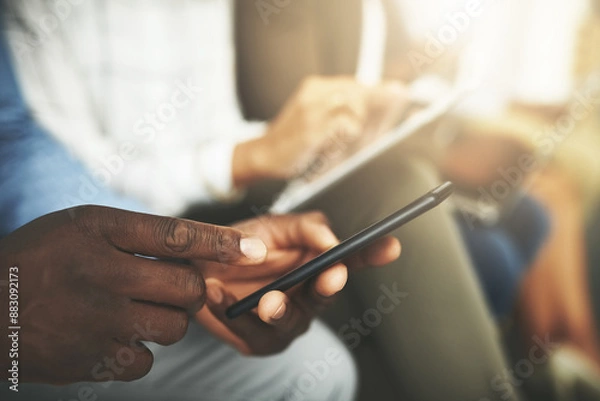 Fototapeta Phone, hands and people in waiting room for job search, recruitment opportunity and online application. Technology, scroll and employees in hr office for interview, internship or registration on web