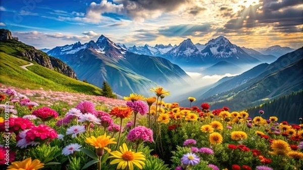 Fototapeta Beautiful mountain landscape with colorful flowers in focus, helping to enhance concentration and focus, nature