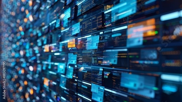 Obraz A highly detailed and vibrant digital wall overflowing with multiple screens showcasing various data, representing technology and the information age.