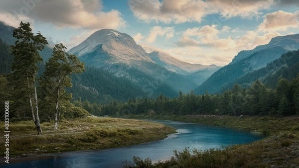 Obraz morning in the mountains and river near a forest