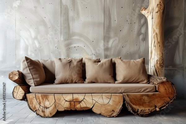 Fototapeta Tree root ball rustic sofa paired with tree trunk decorative column in minimalist modern living room, featuring concrete wall backdrop