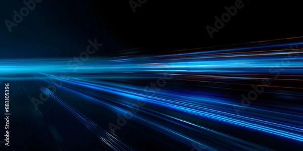 Fototapeta Acceleration speed motion on night road. Light and stripes moving fast over dark background. Abstract blue Illustration